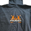 Close-up of a custom printed Phoenix scout group logo on the back of a navy hoodie